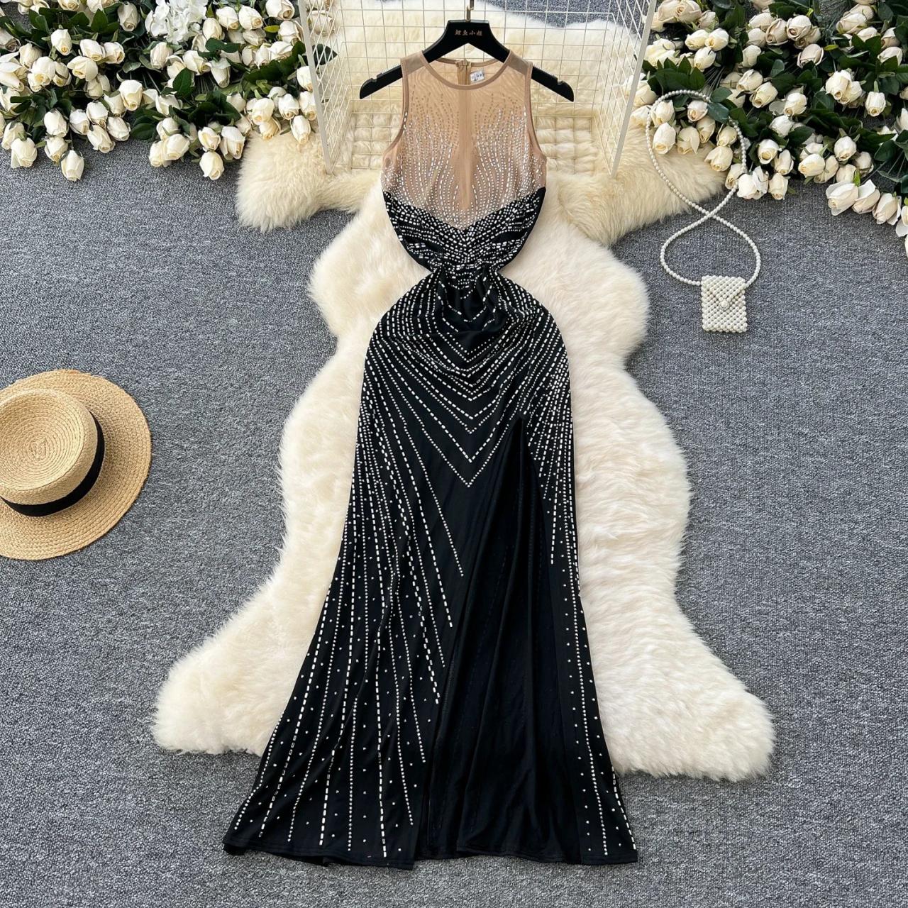black sequin dress with train Black Sequins Mermaid Evening Gowns Tassels Sweep-Train Long Prom Dresses main image 1