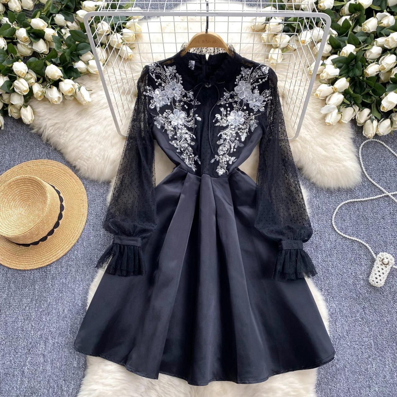 Black Lace Floral Long-sleeve Dress With Embroidery