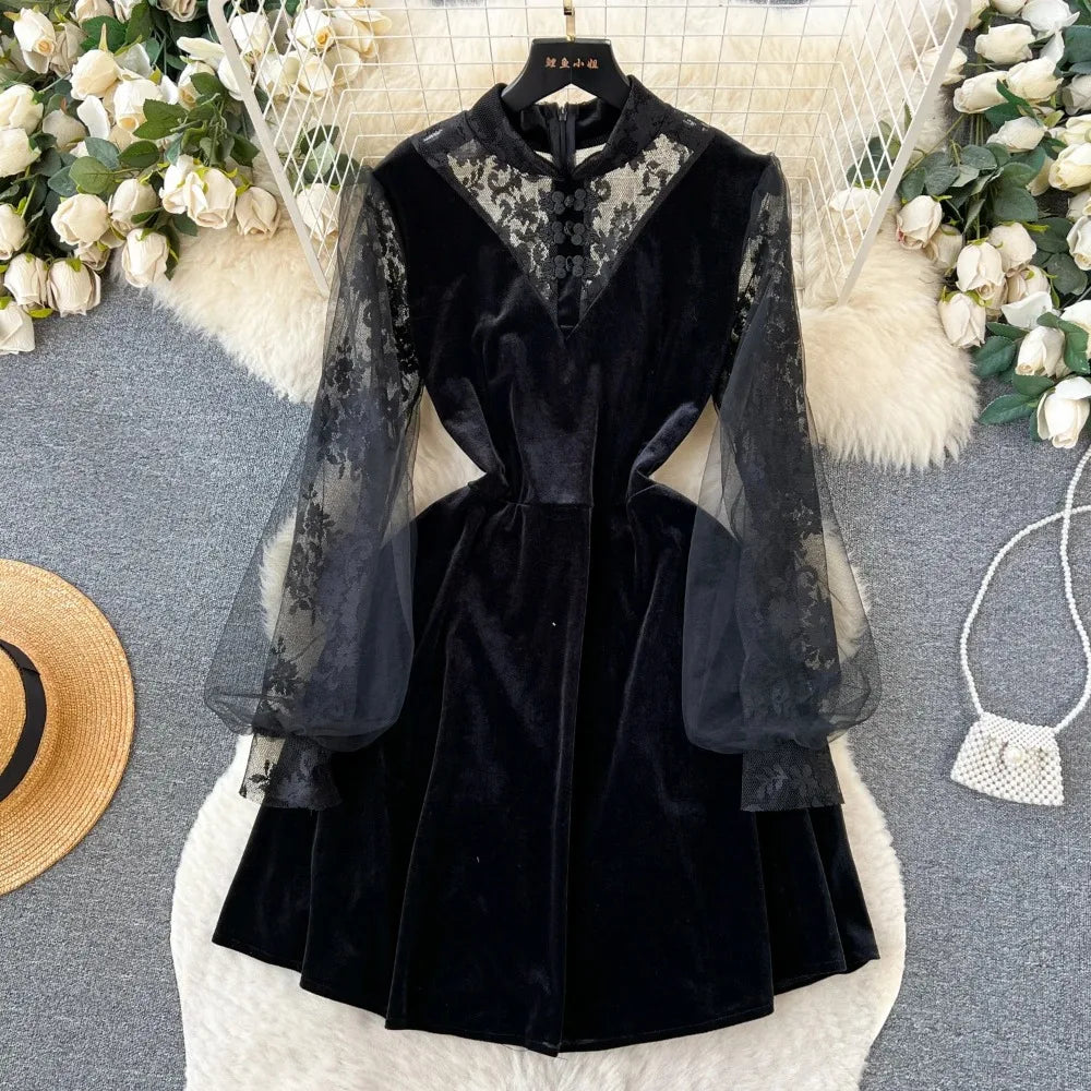 classic black velvet dress Square Neck Black Lace Velvet Dress