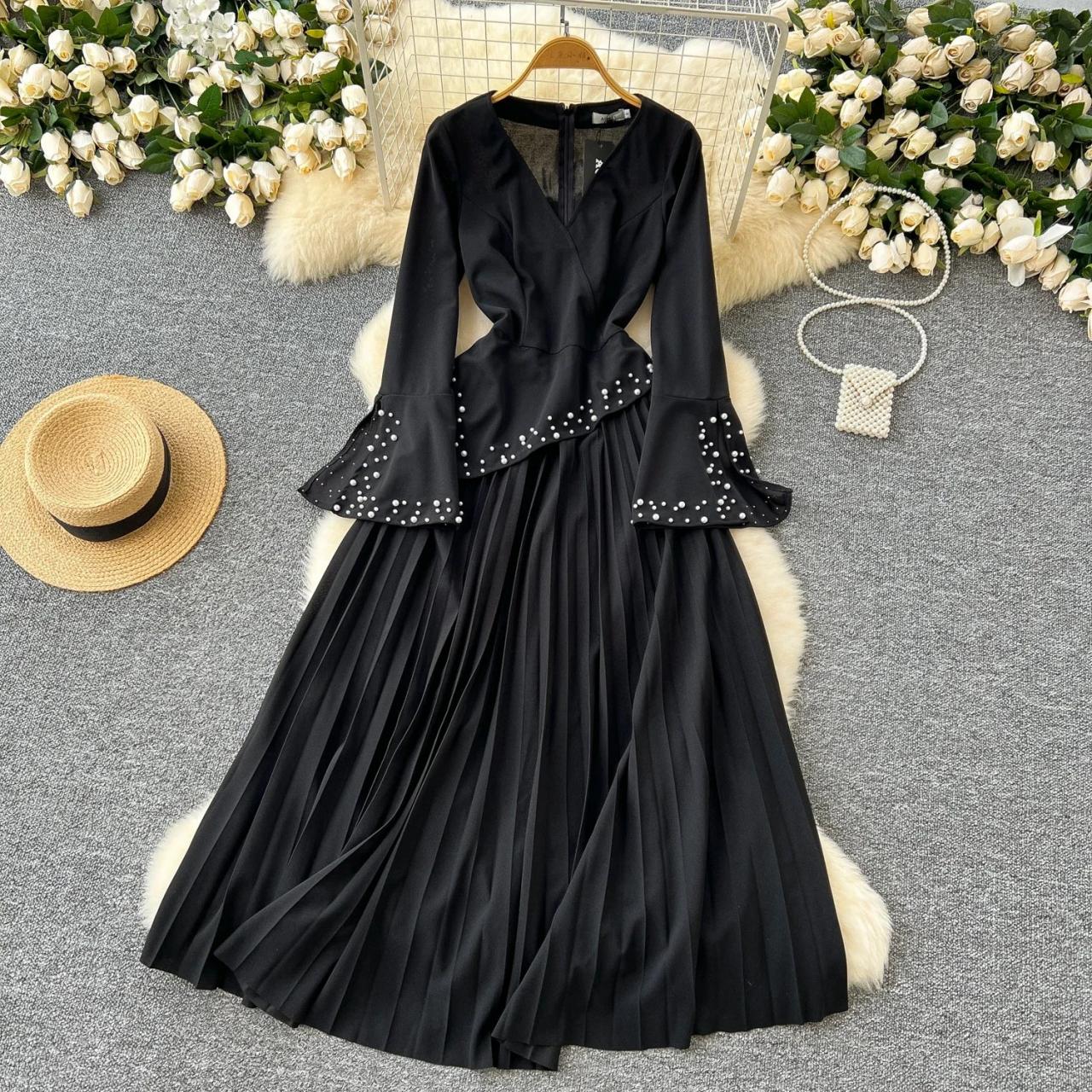 Black Pearl-studded Flare Sleeve Maxi Dress