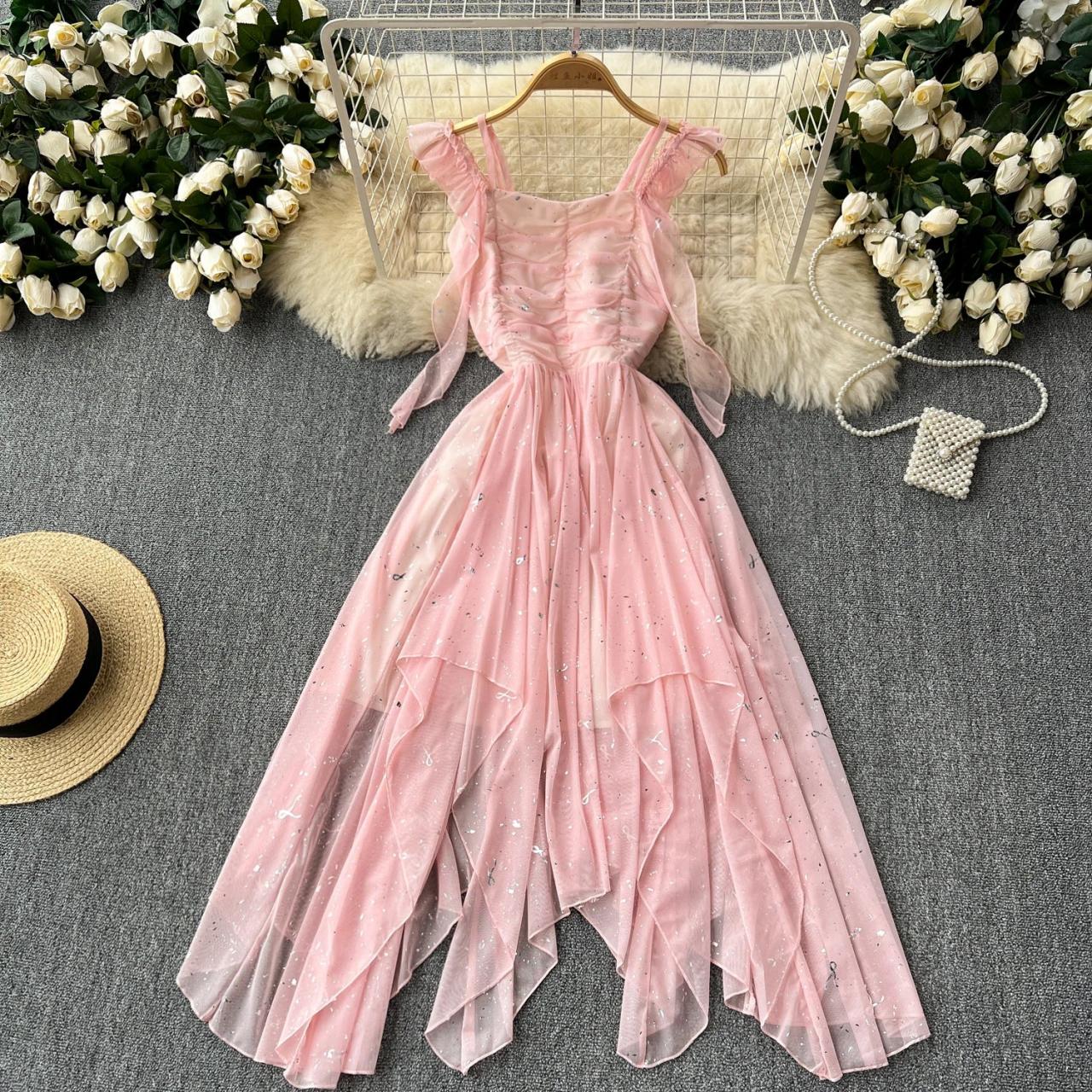 knee length dresses for ladies Three shades of pink chiffon layered dress with tiny bow
