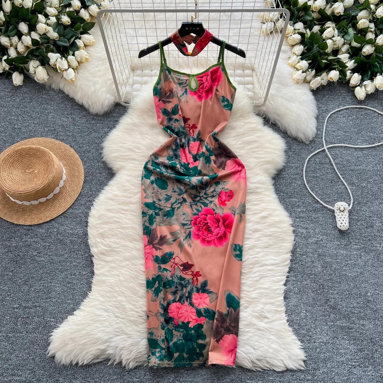 Floral Print Sleeveless Satin Midi Dress