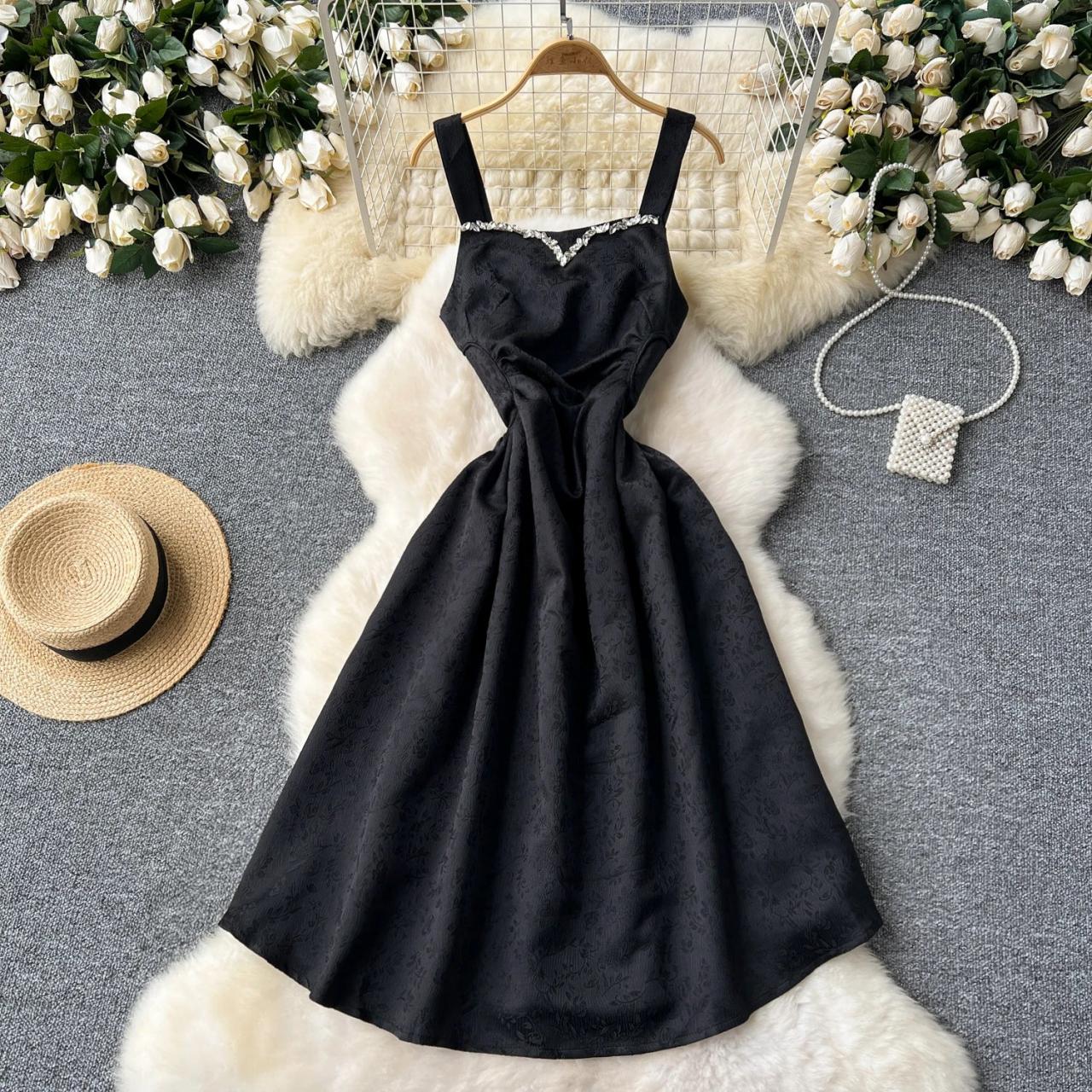 Black Satin Dress With Rhinestone Strap Detail