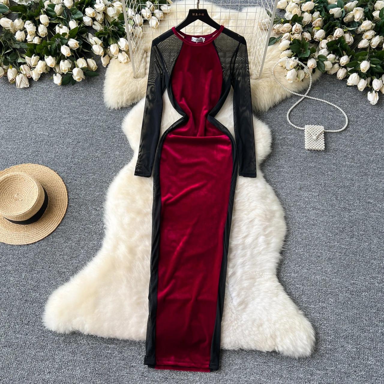 Red Velvet Gown With Black Sheer Sleeves