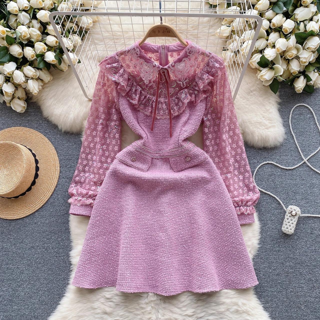 open lace back dress Thick Tweed Warm Long Sleeve Pleated Mini Dress – ETERNA main image 1
