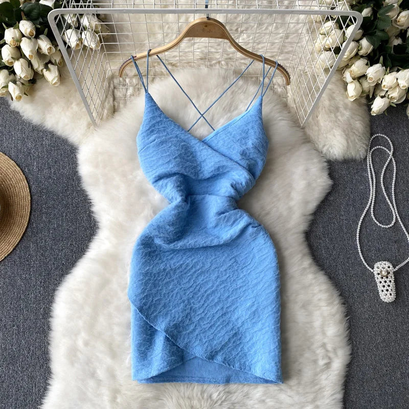 Light Blue Textured Backless Bodycon Party Dress