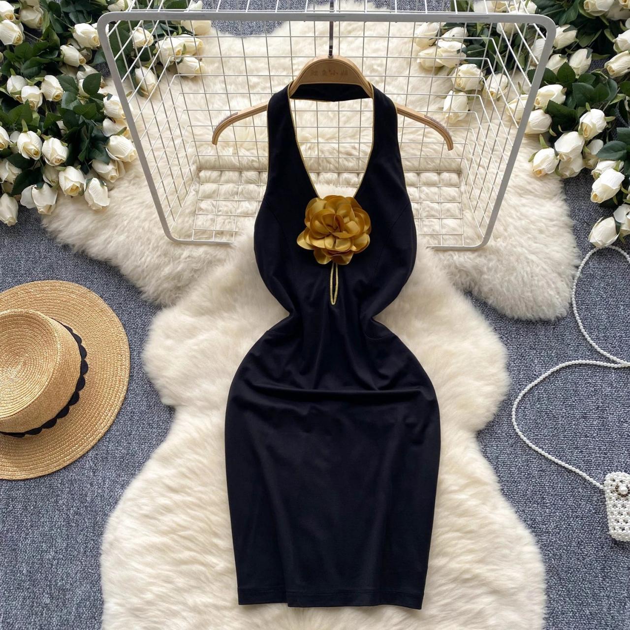 Black Halter Dress With Gold Floral Accent