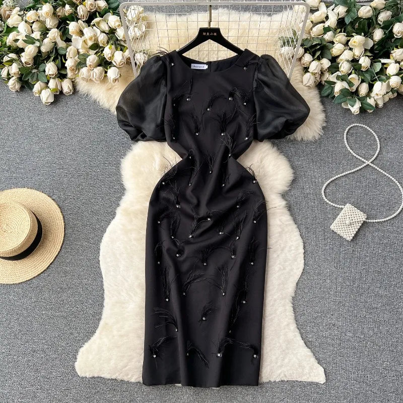 black puffy cocktail dress Black Organza Dress/ Midi Black Dress/ Runway Organza Dress/ Black Midi  Dress/ Little Black Dress/ Puffy Sleeves Black Dress