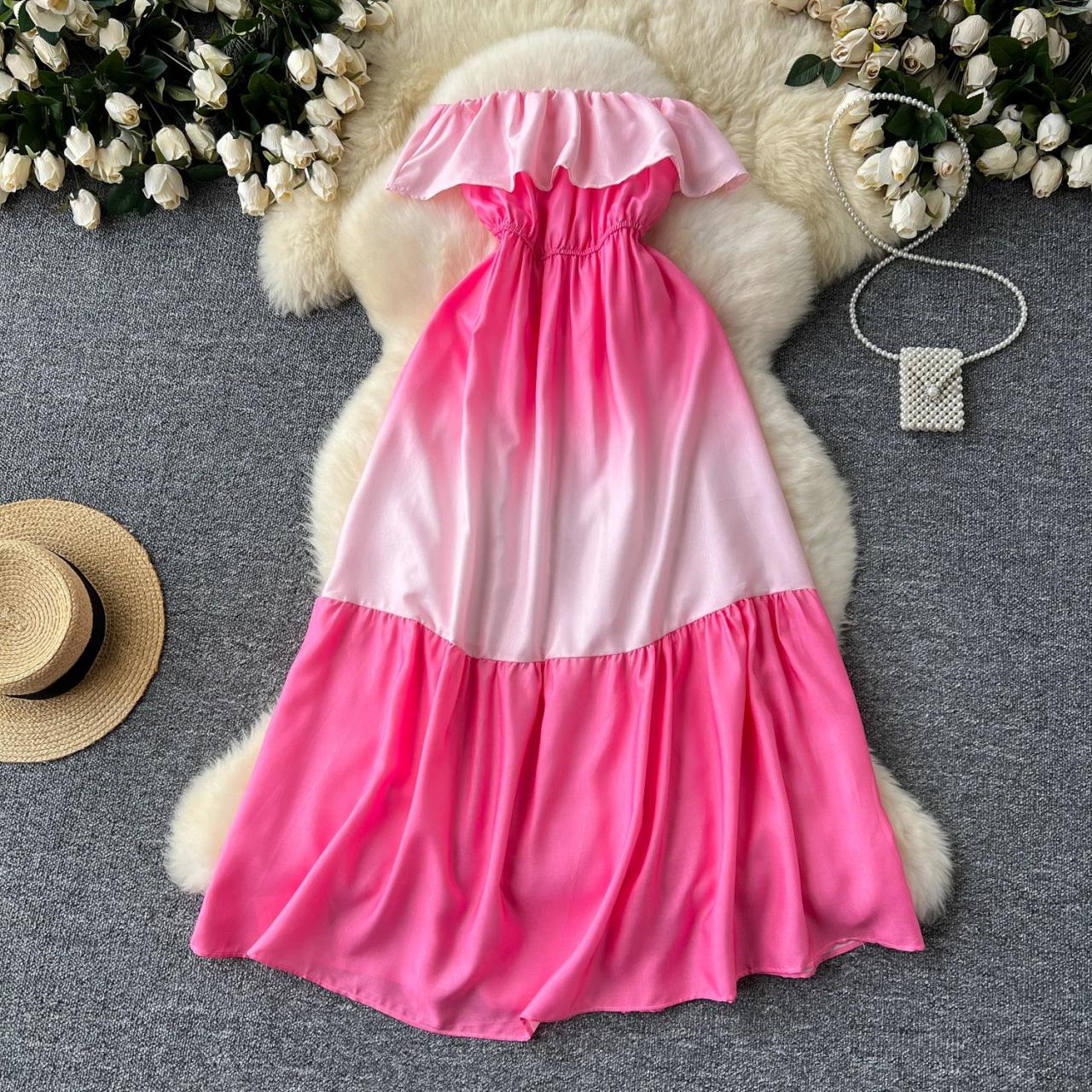 Gradient Pink Off-shoulder Ruffle Maxi Dress on Luulla