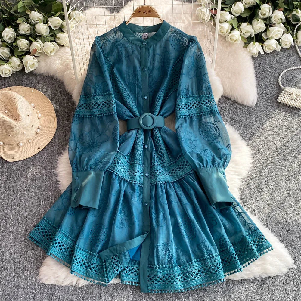 chinese dress ladies Turquoise Velvet Lace-Up Short Party Dress – Modsele main image 1