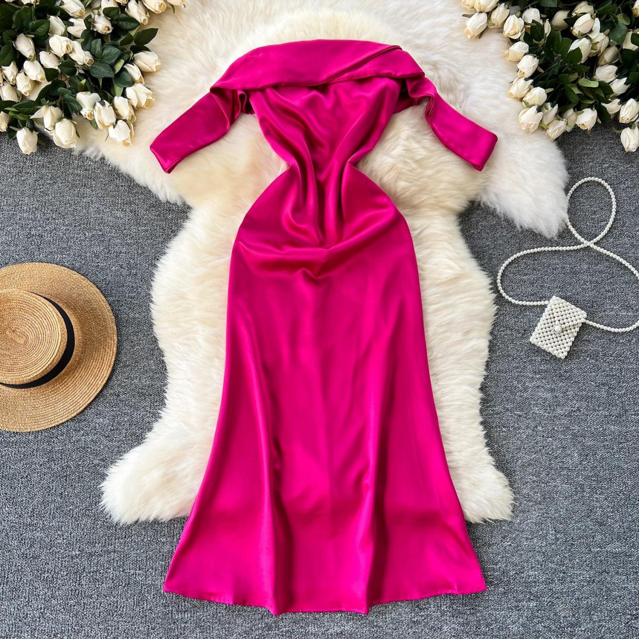 Off-shoulder Fuchsia Satin Midi Dress on Luulla