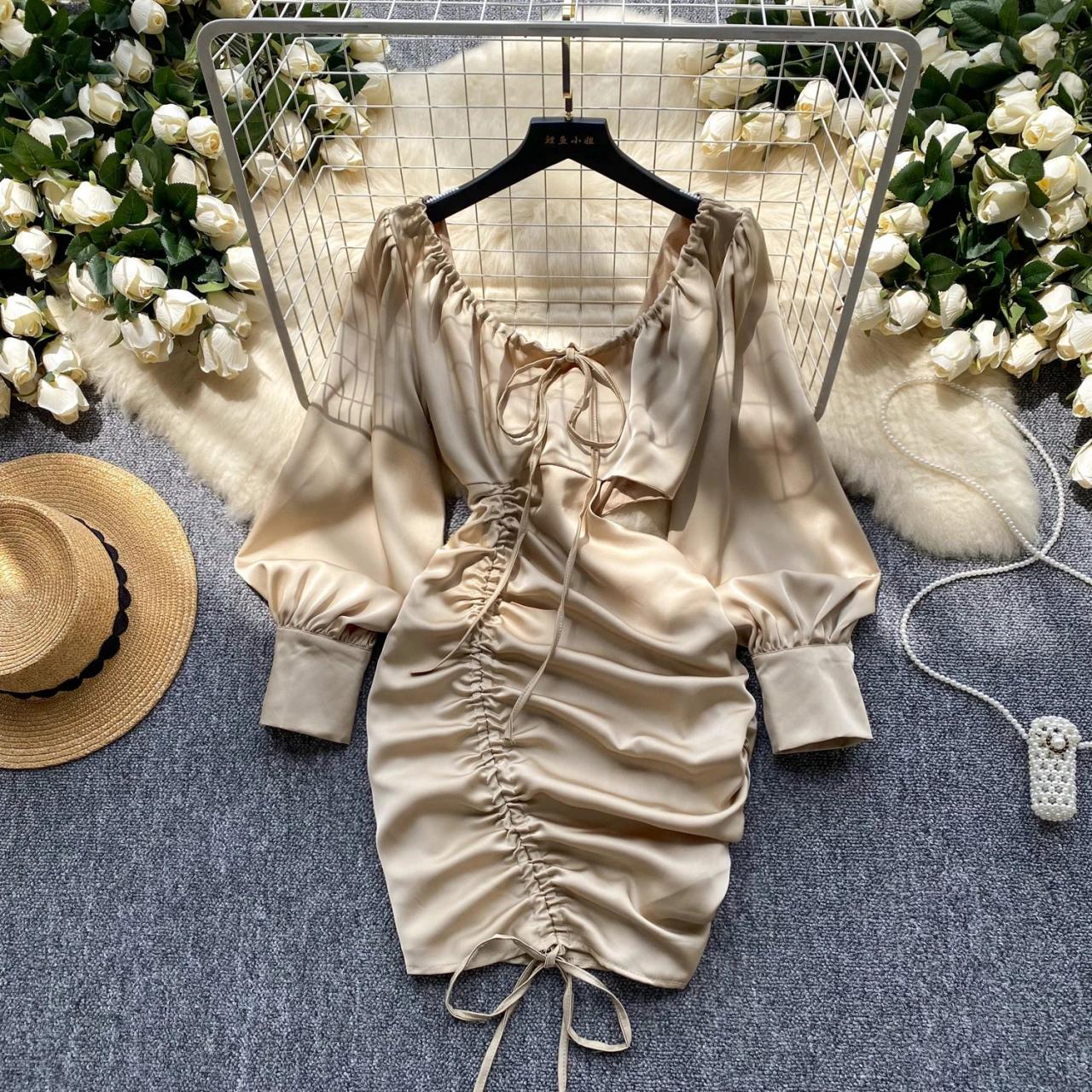 knee length dresses for ladies DARLING MINI DRESS IN BEIGE – AKIRA main image 1