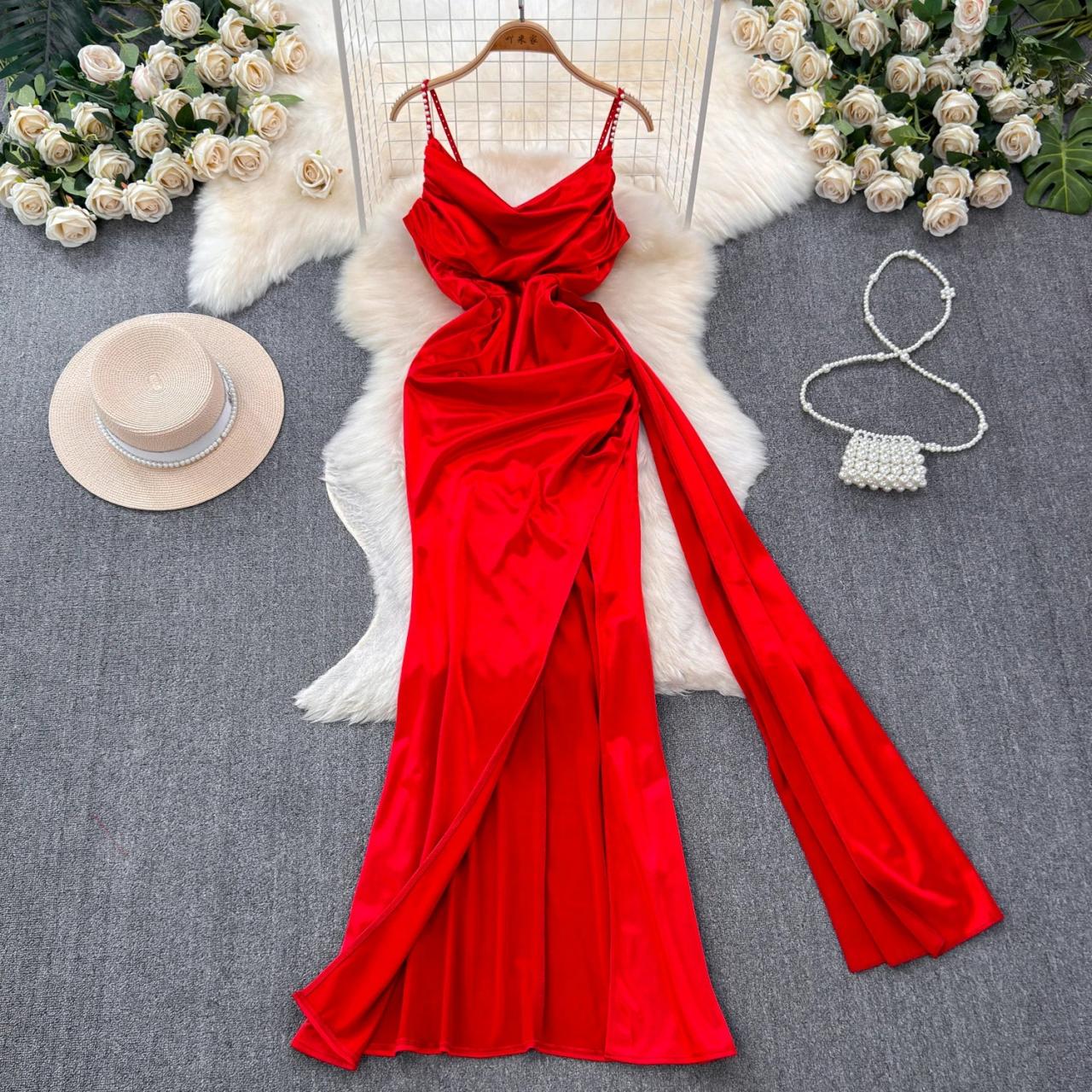 two piece formal dress red Red Pleated High Neck Long Dress Medium main image 0
