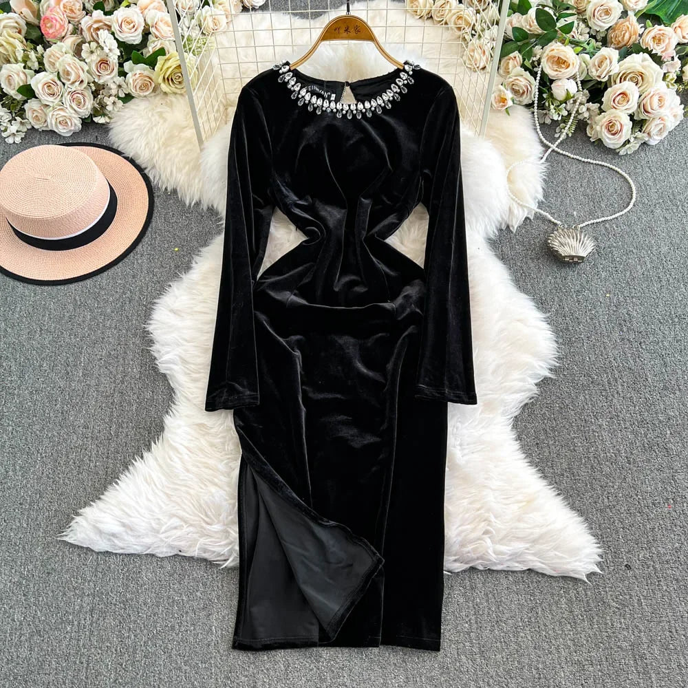 elegant formal dresses with sleeves Black Sexy Unique Velvet Rhinestone Prom Evening Dress main image 1