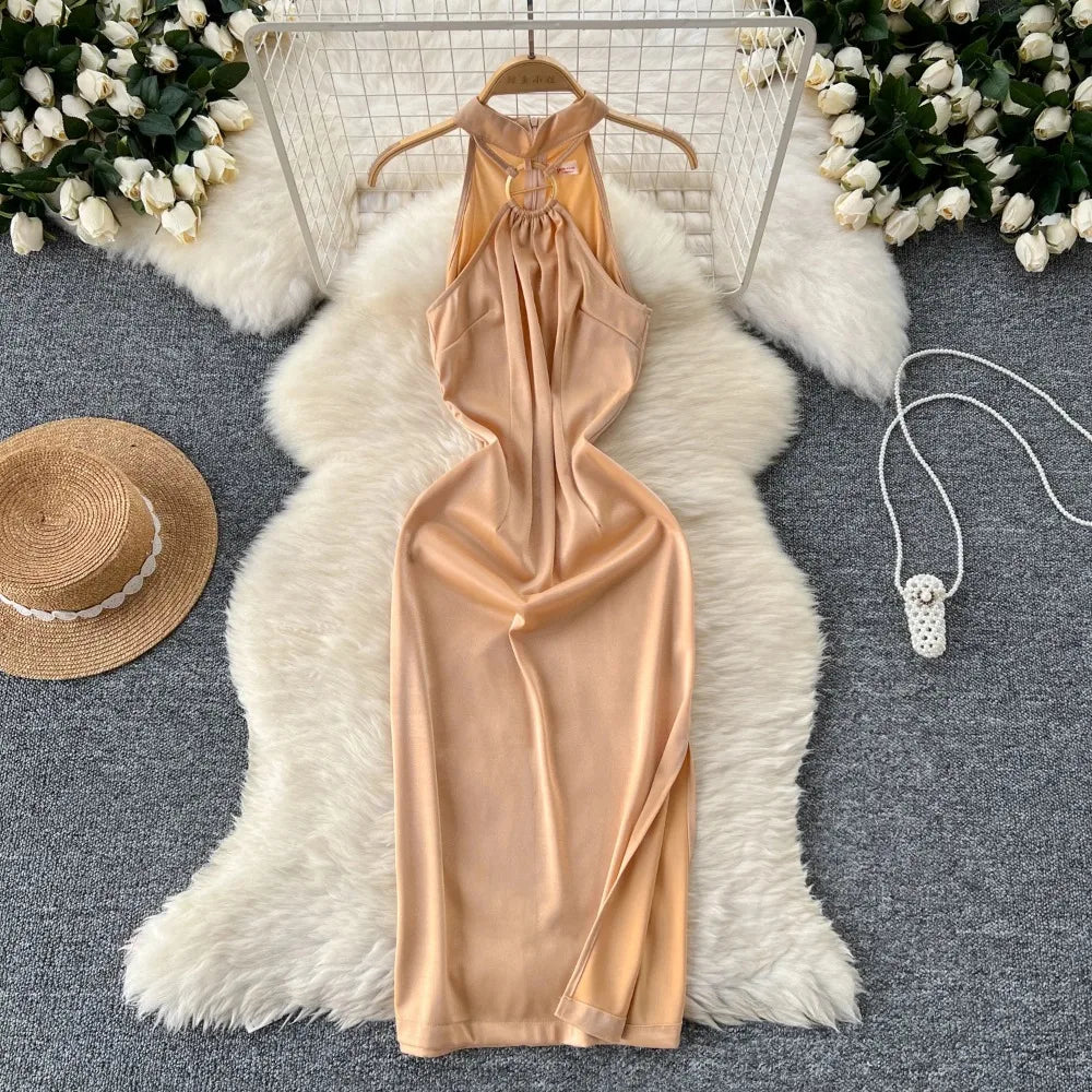 Sleek Satin Halter Dress With Open Back