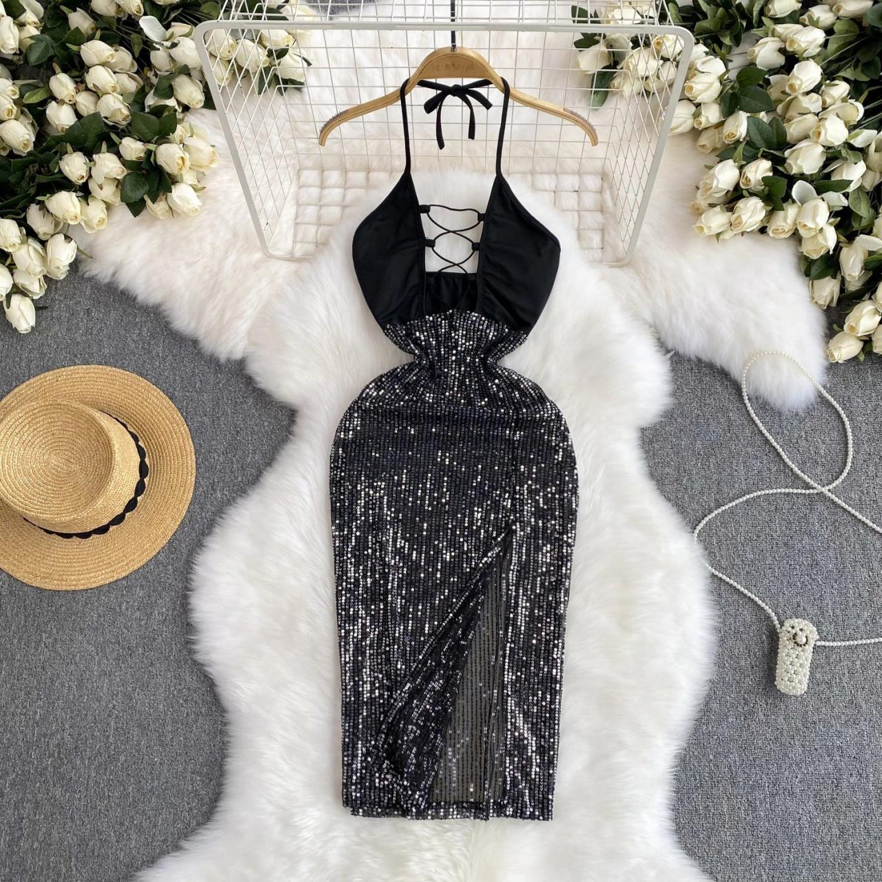 chinese dress ladies Berylove Women Grey Green A Line Chiffon Ruffle Wedding Guest Dress Sequined Backless Maxi Party Dress with Slit, Grey Green / US18W