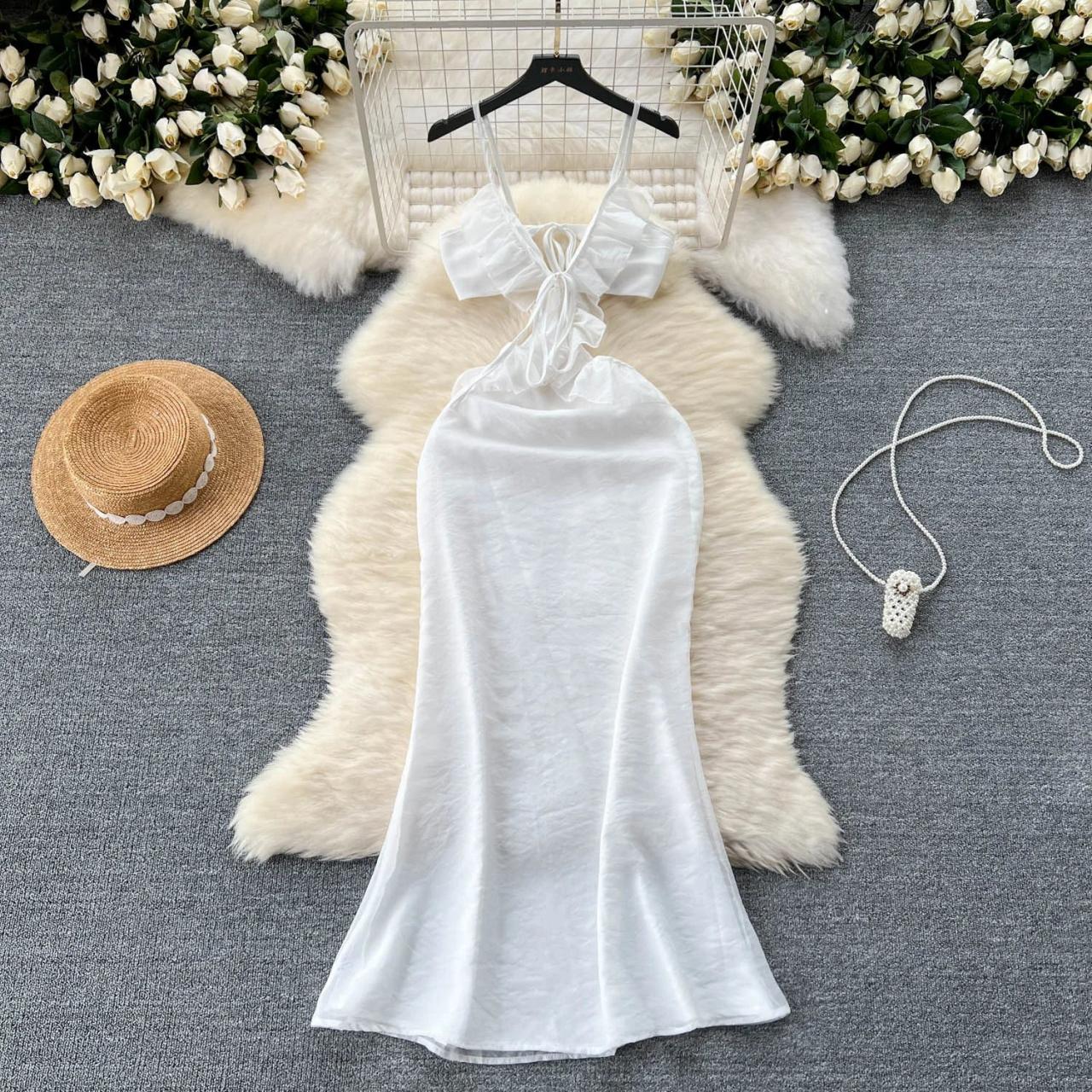 White Halter Summer Dress With Bow