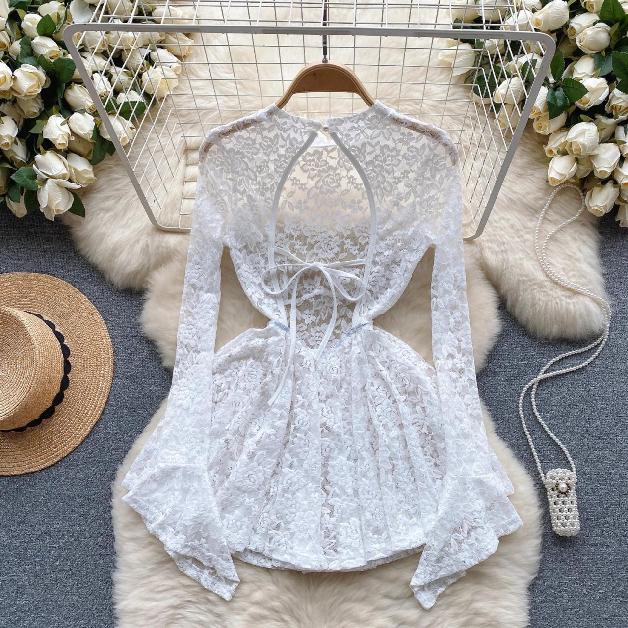 White Lace Long-sleeve Floral Peplum Top on Luulla