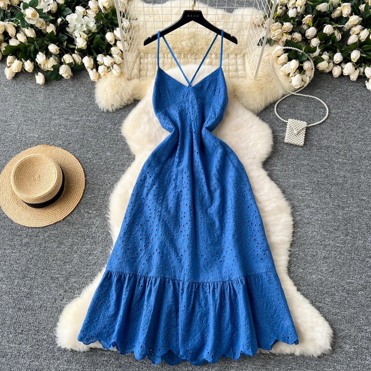 Summer Blue Eyelet Maxi Dress With Straps