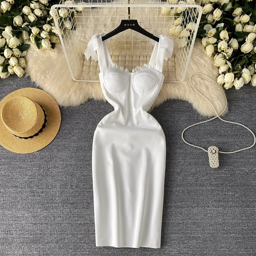 Satin Bodycon Dress With Bow Straps Design