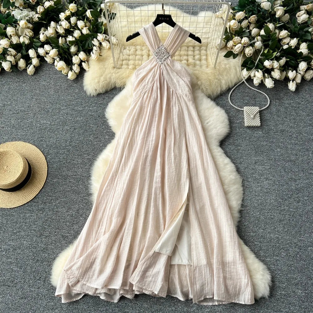Luxurious Satin Halter Maxi Dress With Rhinestones