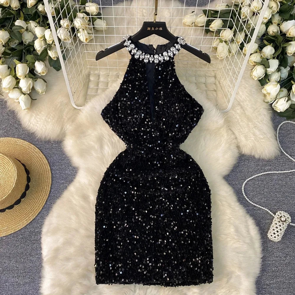 Sequin Halter Neck Black Evening Party Dress