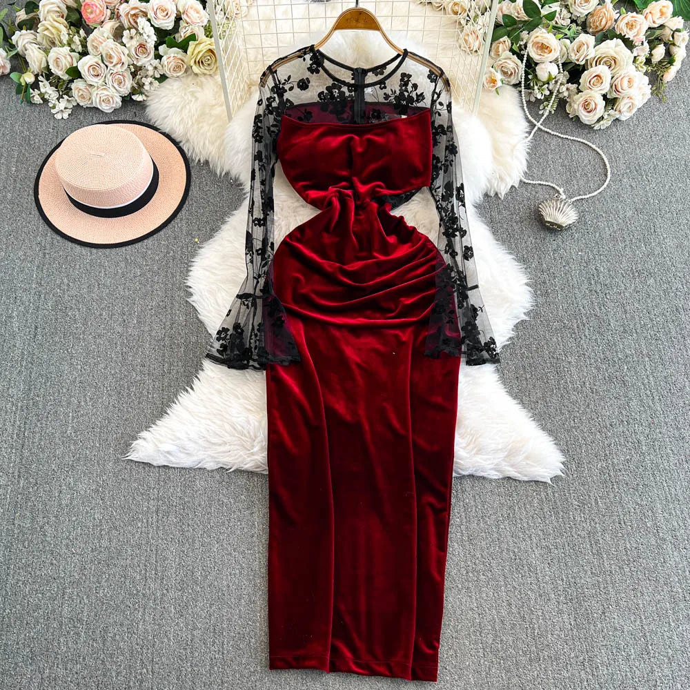 Velvet Lace Long Sleeve Evening Gown Dress