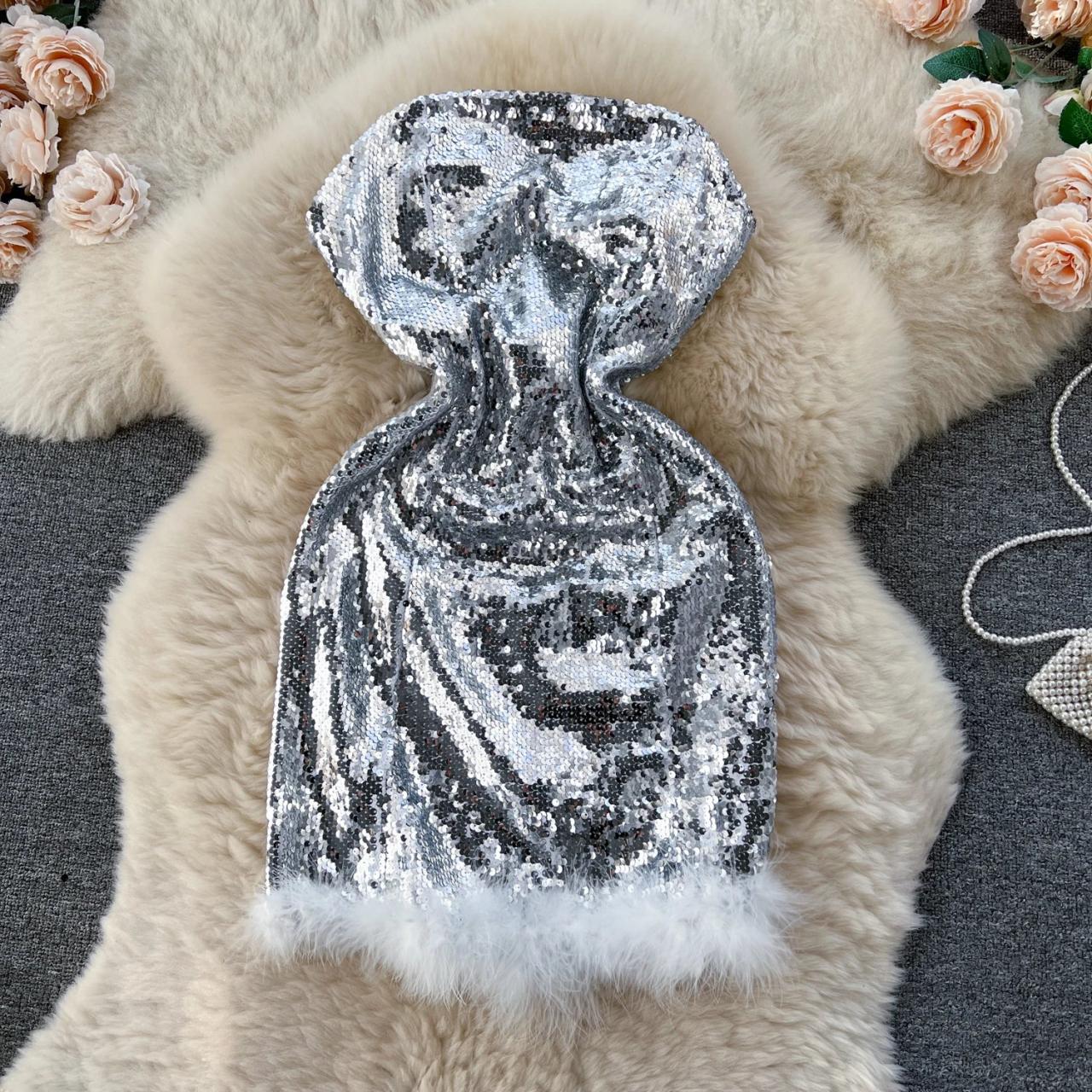 Sequined Fur-trimmed Metallic Glamour Dress For Women on Luulla