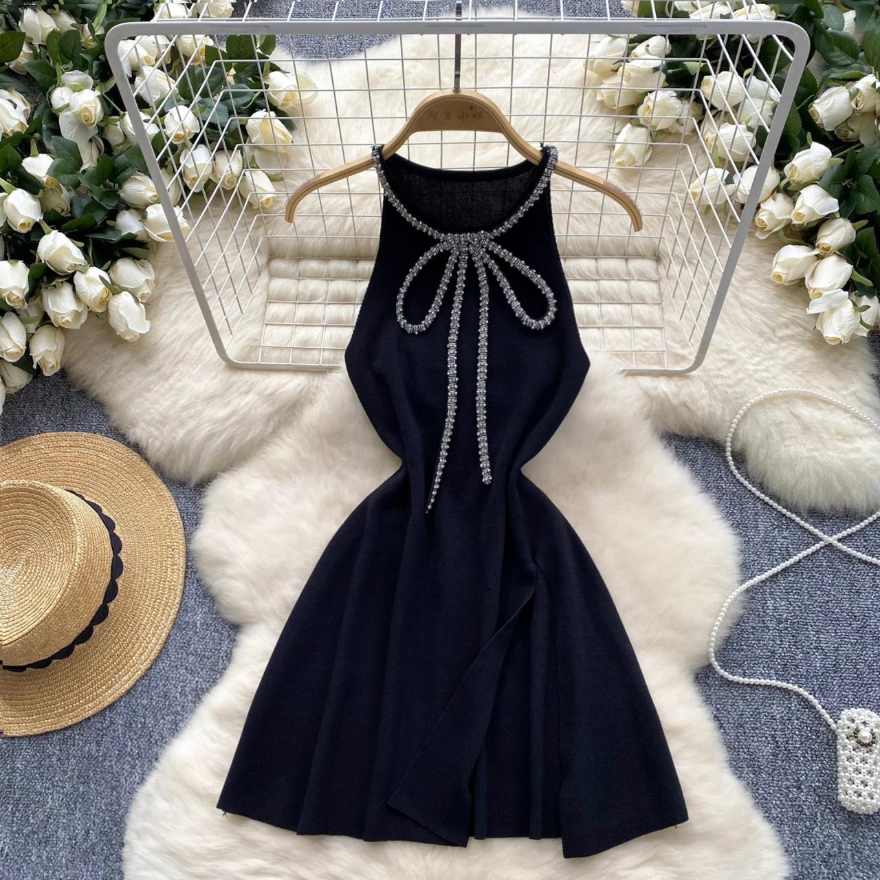 black dress with rhinestone bows Blondie Nites Velvet Bow Front Studded Mini Homecoming Dress, Womens, 5, Black main image 1