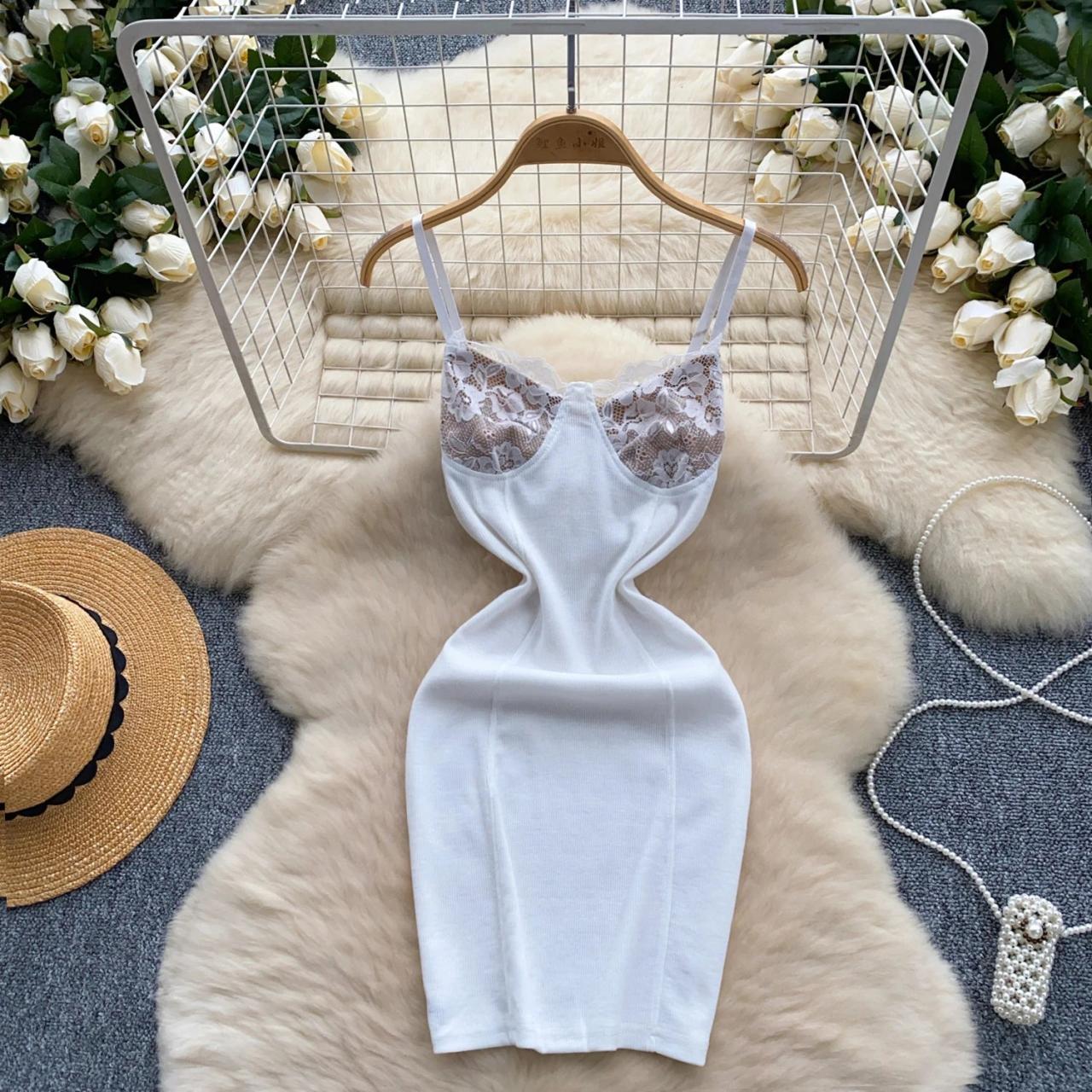 Lace Trim White Bodycon Dress With Straps