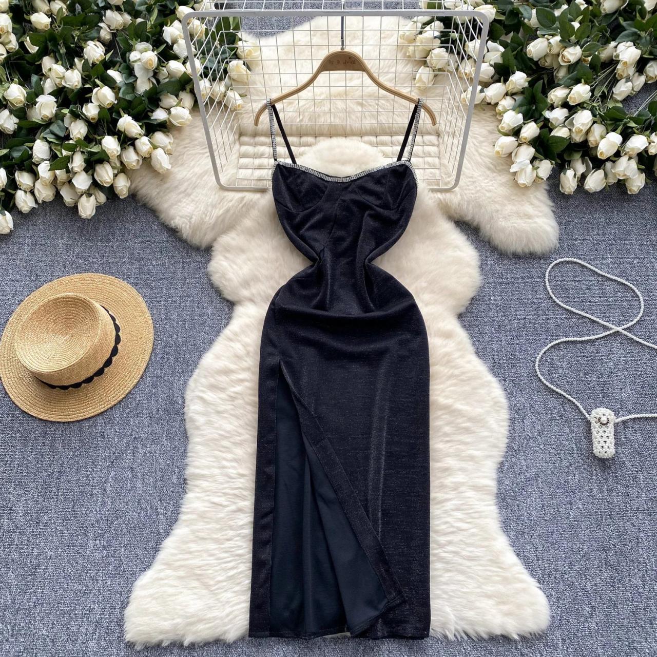 black velvet night dress Off Shoulder Split Black Velvet Evening Dress XJ1946