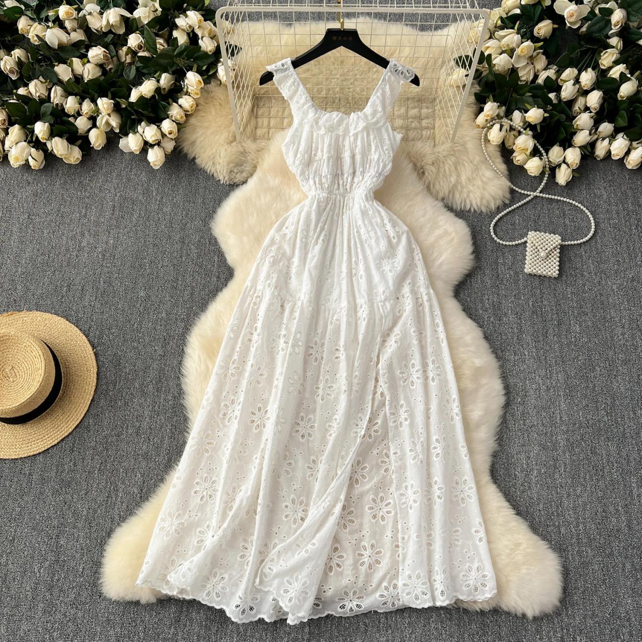 White Sleeveless Lace Maxi Dress With Pockets on Luulla