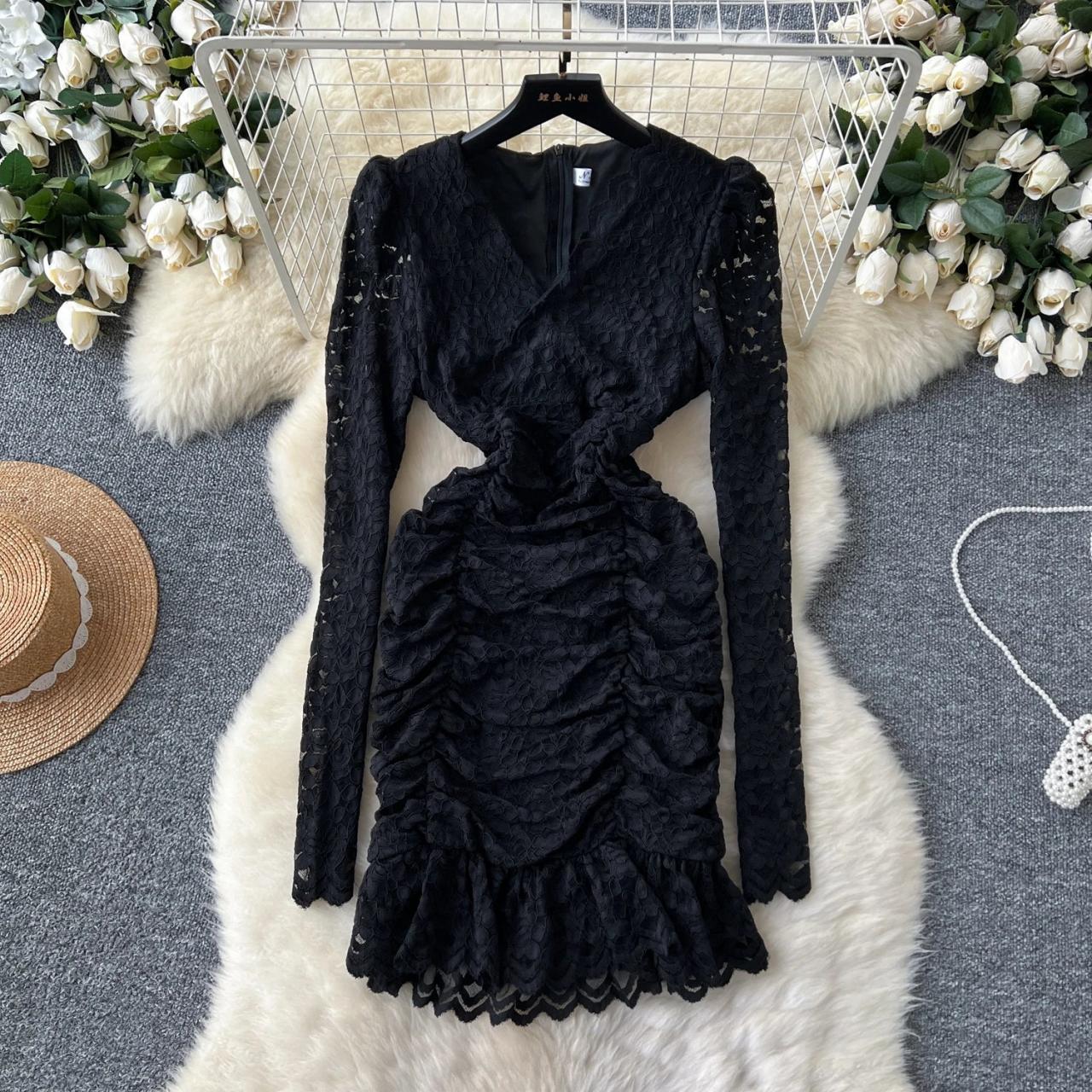 Yellow Lace Long-sleeve Ruched Party Dress on Luulla