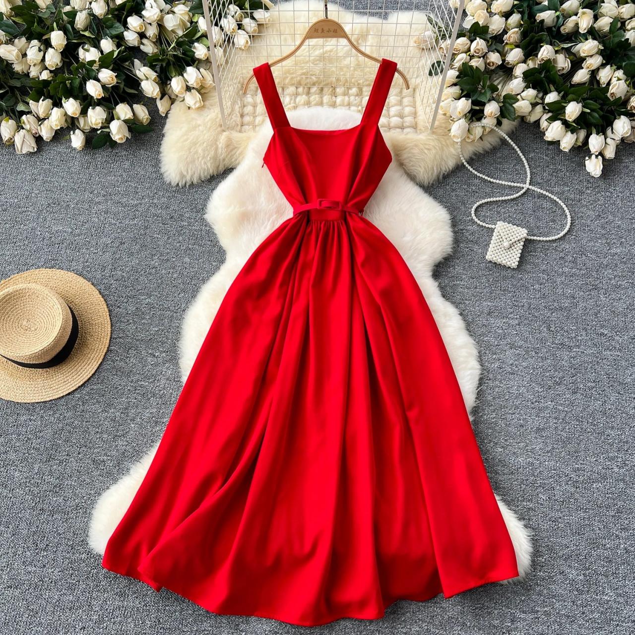 Vibrant Red Satin Sleeveless Midi Dress on Luulla