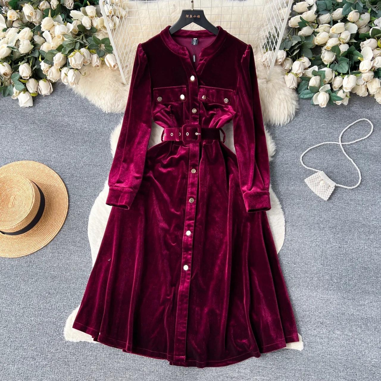 Velvet Long-Sleeve Belted Button-Down Midi Dress