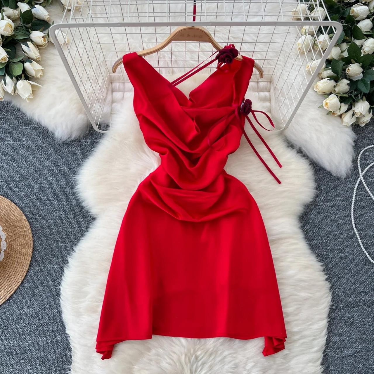 Red satin ruched dress cheap