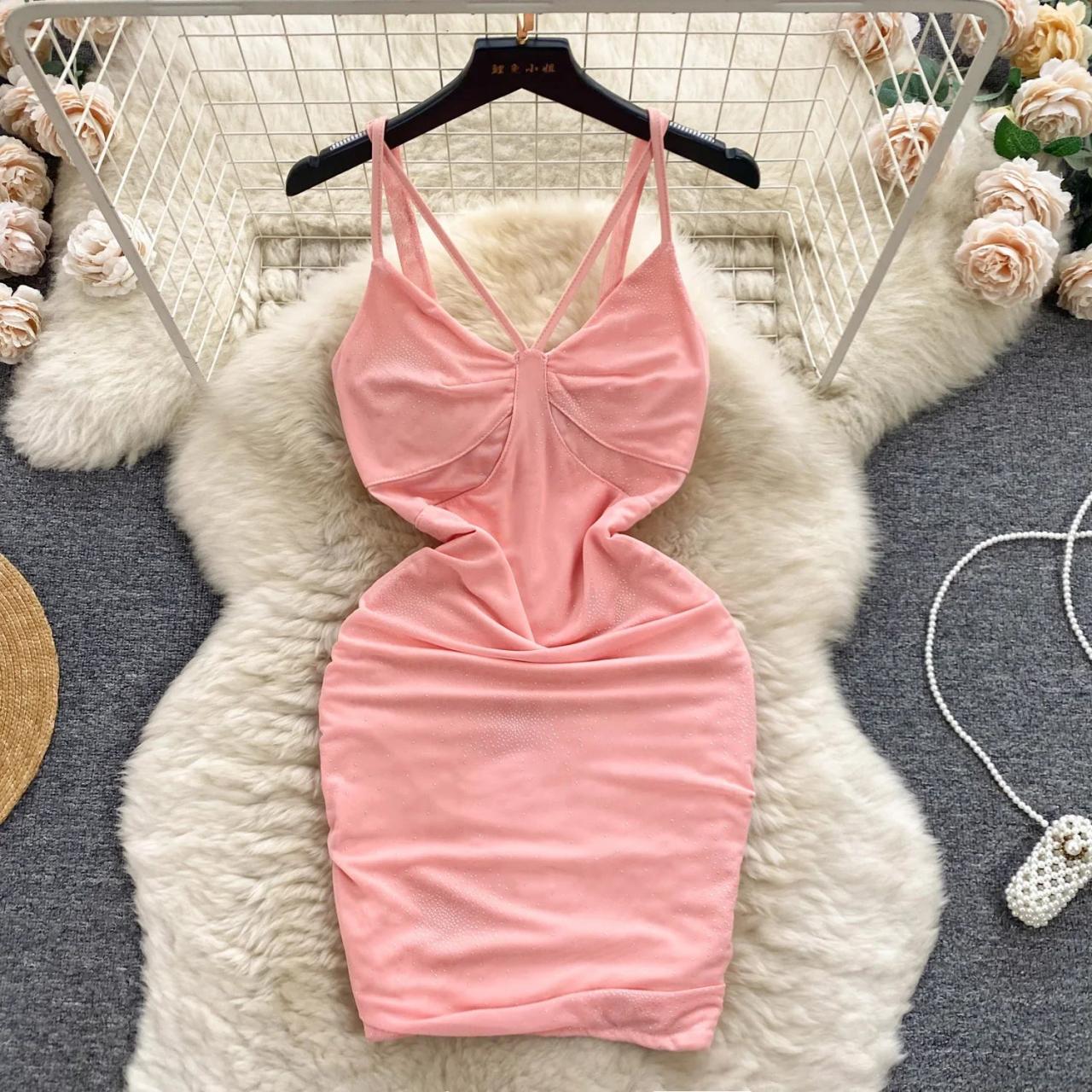 strapless open back dress Hot Pink Ruched Midi Bodycon Dress
