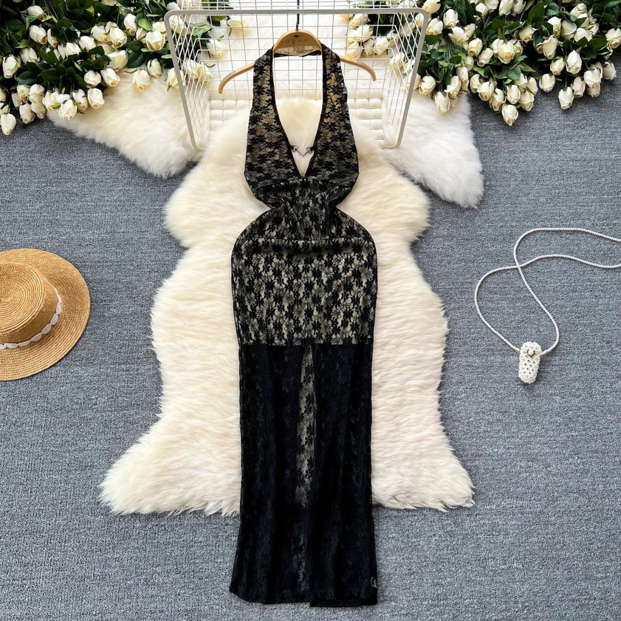 knee length dresses for ladies Gordana Sheer Lace Halter-Neck Maxi Dress with Built in Bralette – Bor –  SUBOO AU main image 1
