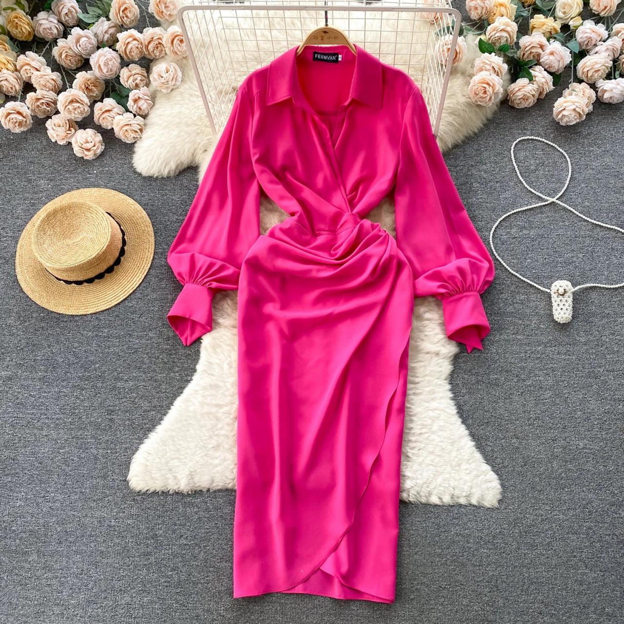 pink collared long sleeve dress Quiet Luxury Pink Rhinestone Collar Long Sleeve Maxi Dress