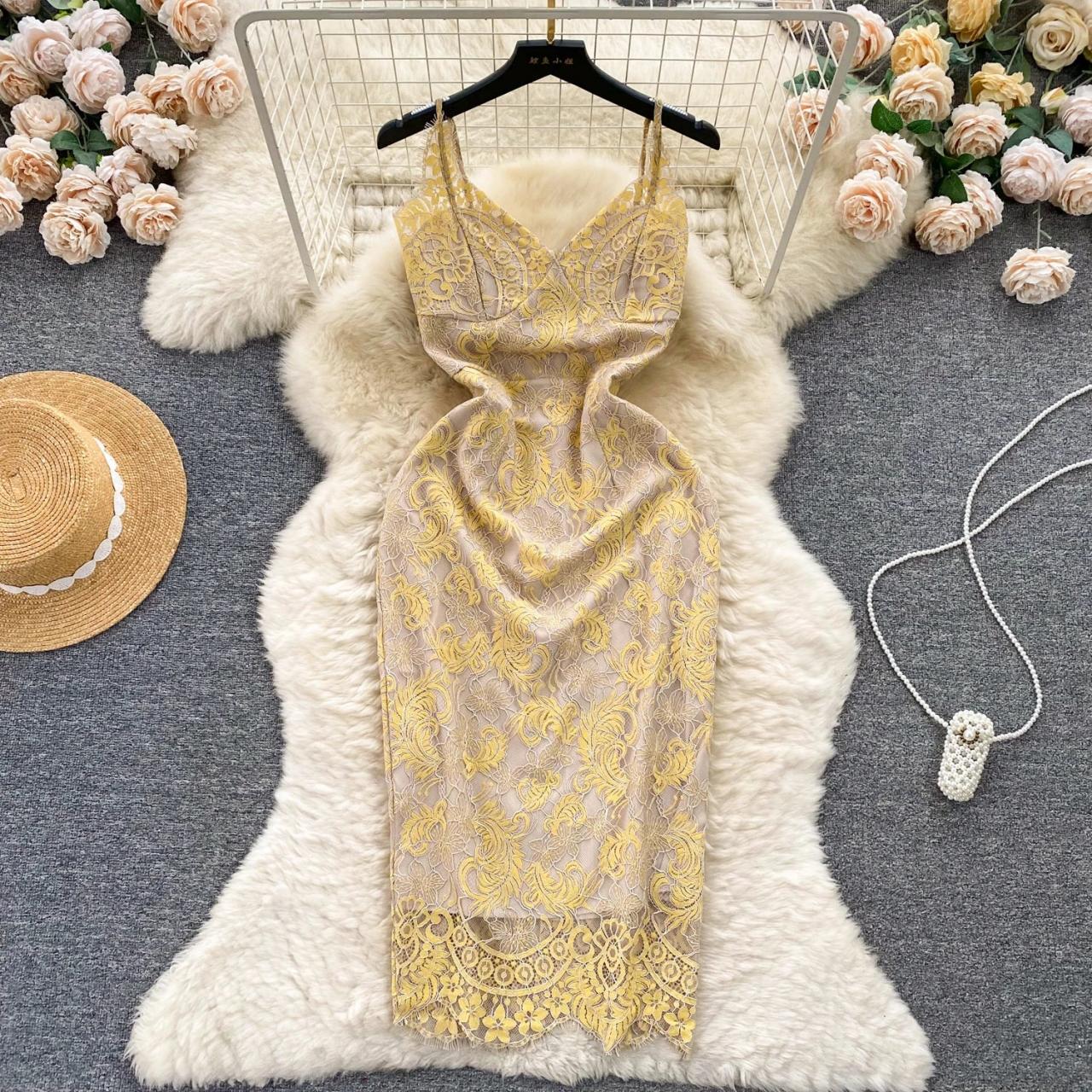 Lace Floral Yellow Sleeveless Bodycon Midi Dress on Luulla