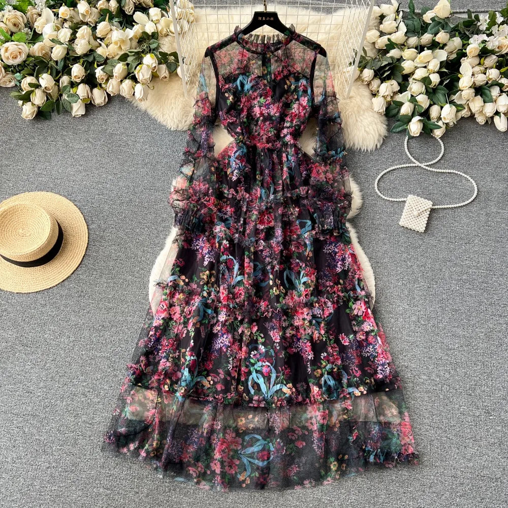 boho mesh dress Boho Abstract Floral Mesh Slip Maxi Dress
