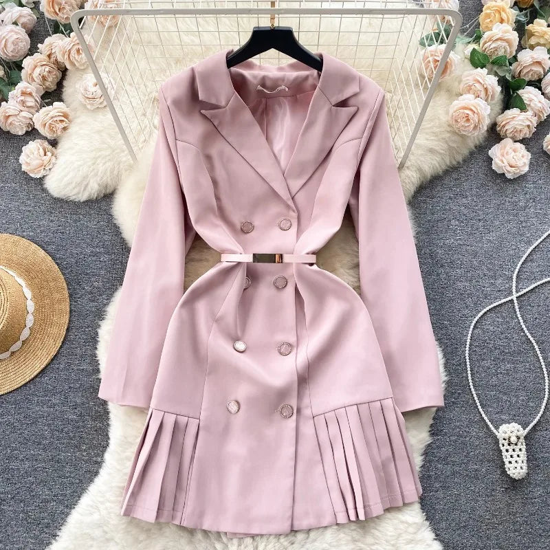 Chic Double-breasted Pink Pleated Trench Dress on Luulla
