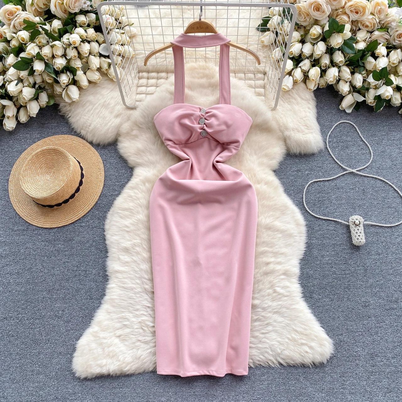 Sleeveless Pink Ruched Midi Dress For Women on Luulla