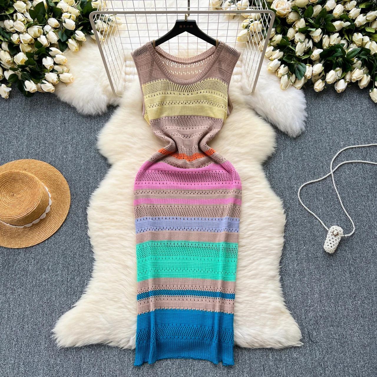 Colorful Striped Knit Maxi Dress For Women