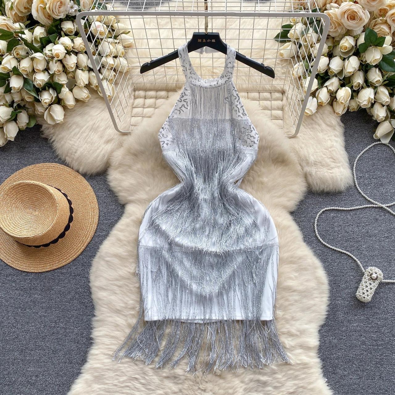Silver Fringe Halter Dress With Lace Detail