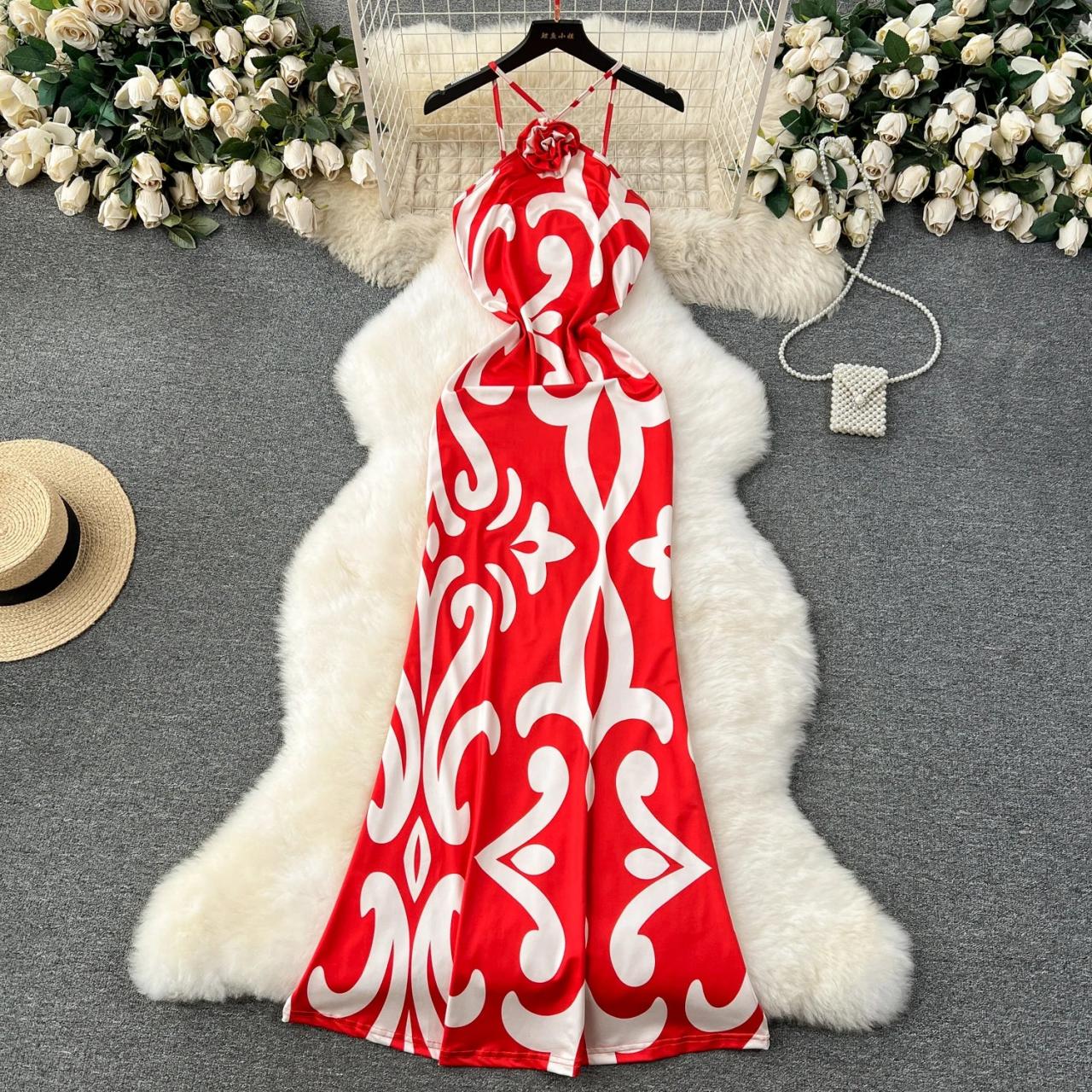 halter maxi dress pattern Halter Knit Maxi Dress in Retro Wave Print | 70s Style Open-Back Summer Gown  for Women | Luxury Vacation & Resort Evening Wear main image 0