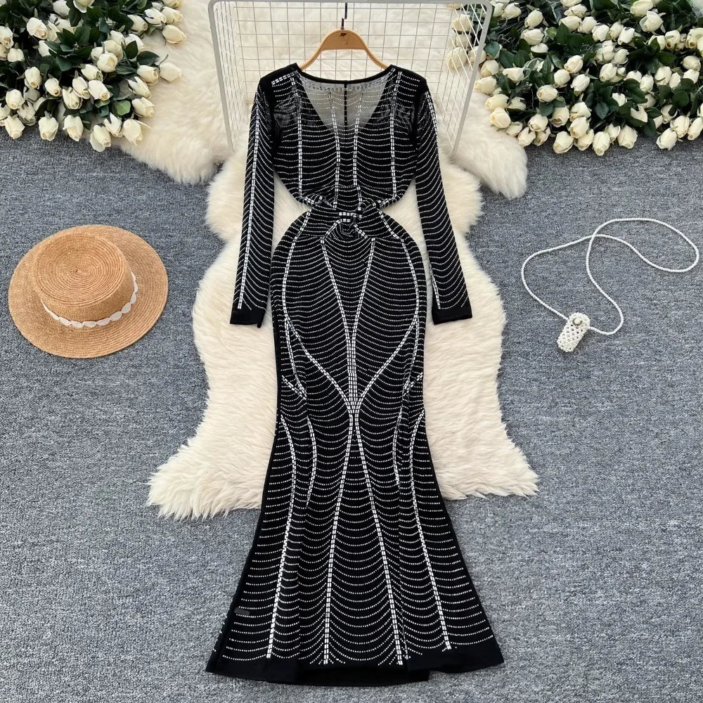 Stunning Black Sequin Long Sleeve Evening Dress