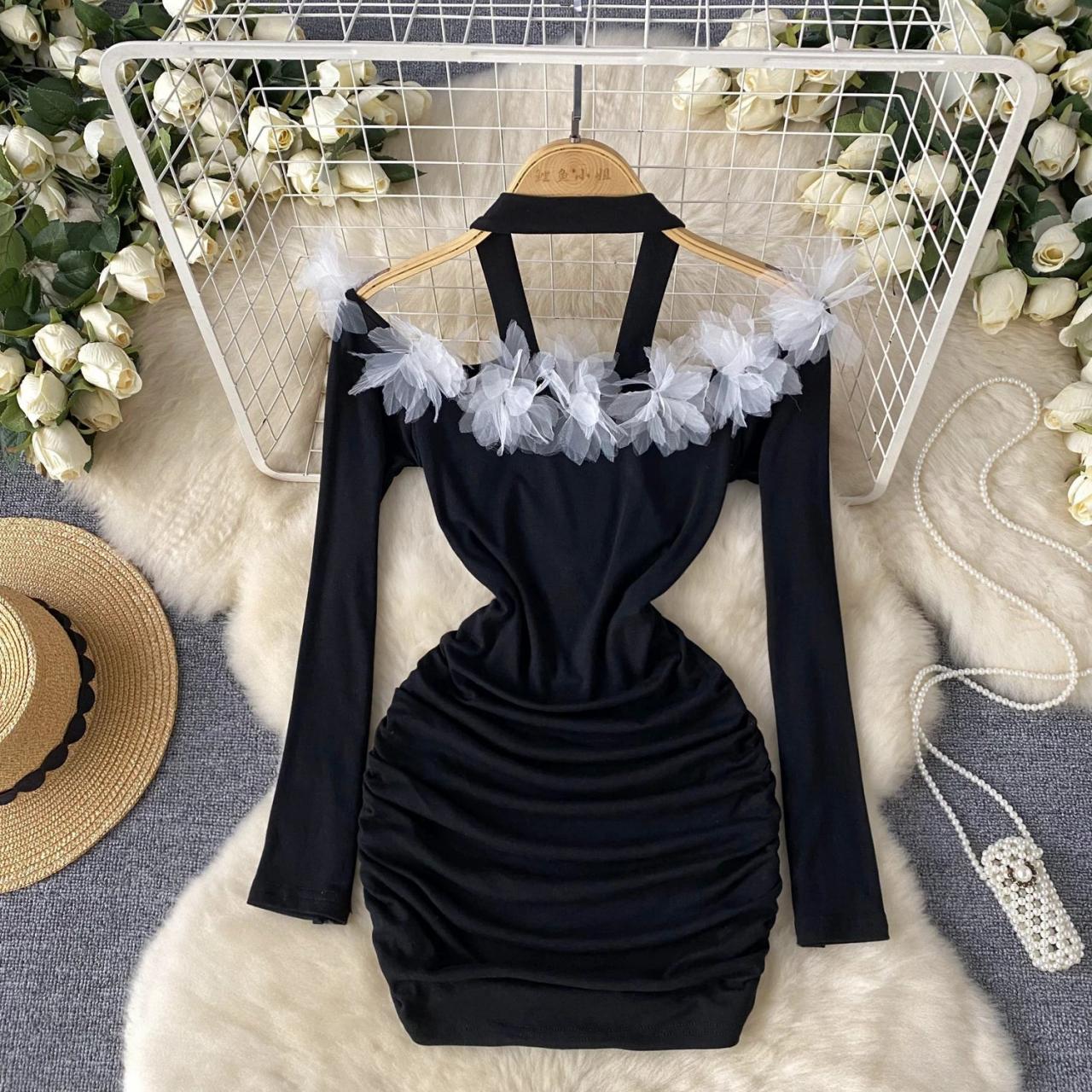 black morning dress Margaux Strapless Black Lace Corset Ruched Mini Dress – Mara Blak main image 1