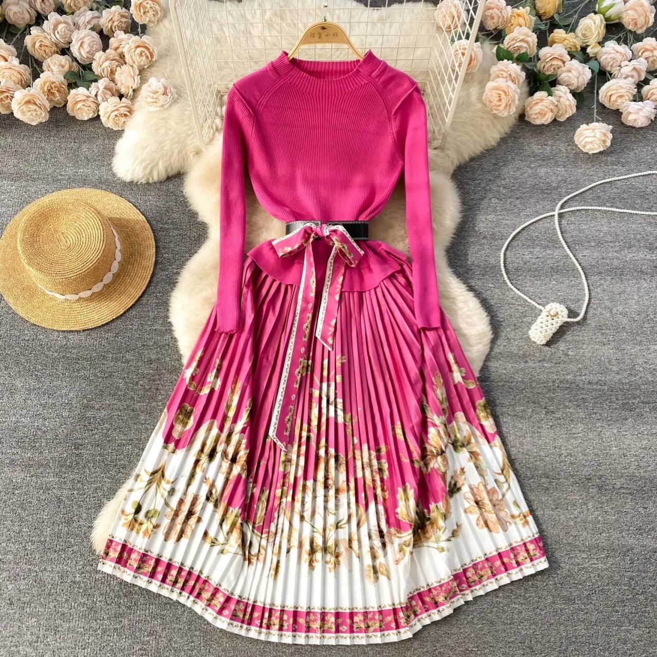 Vibrant Floral Knit Dress With Pleated Skirt on Luulla