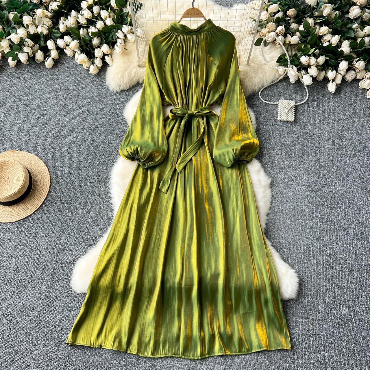 long sleeve green satin maxi dress Emerald Garden Satin Wrap Kimono Dress – Kabayare main image 1
